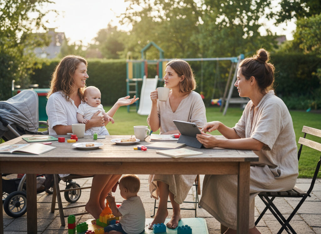 ママ友同士で離乳食について話し合う様子